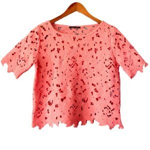 Luisa Cerano Pink Floral Laser Cut Elbow Sleeve Blouse Size 6